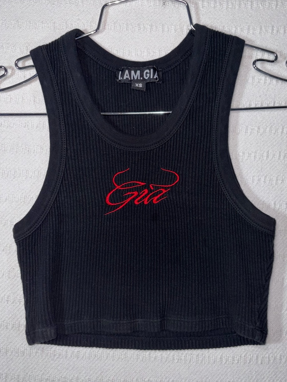 I AM GIA Womens Embroidered Logo Ribbed Crop Tank Top Size XS Black